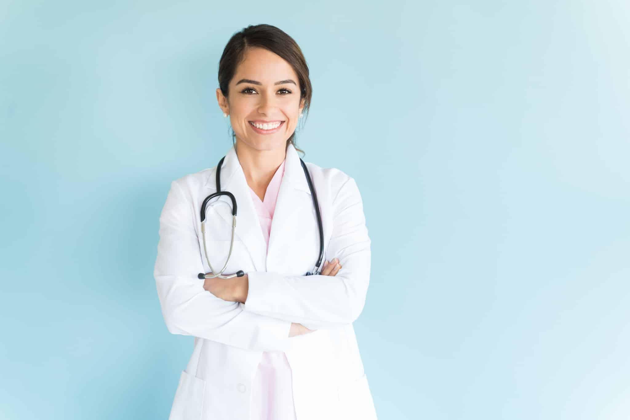 Smiling healthcare professional in a lab coat